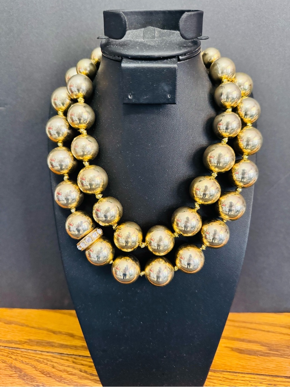 Lee Angel Gold Tone Double Strand Chunky Ball Bead Statement Necklace Rhinestone